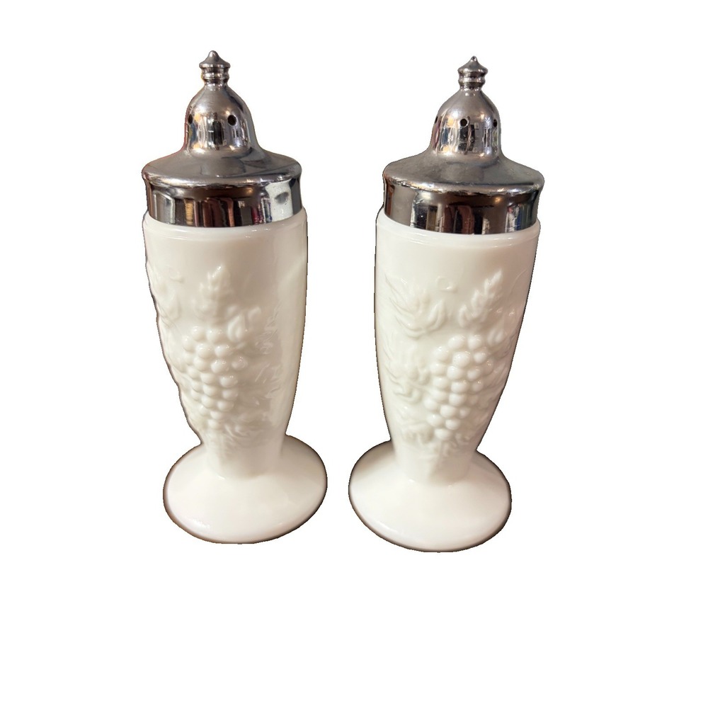Vintage Imperial Milk Glass Grape Salt Pepper Shakers Chrome Lids Footed 5"